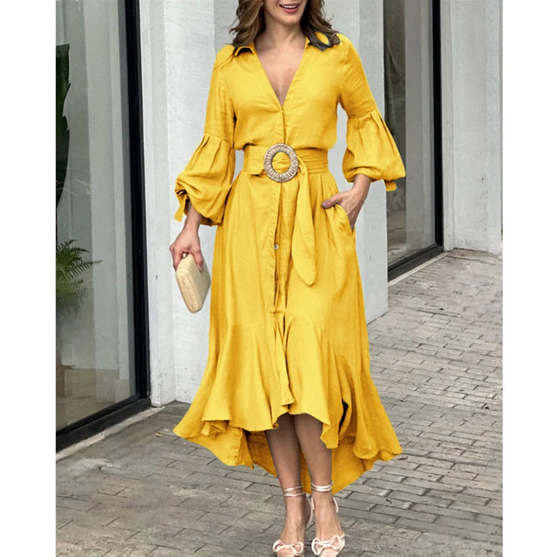 Women Elegant Long Lantern Sleeve Stand Collar Loose Maxi Dress Y2K INS Clothes Autumn Long Ruffle Bohemian Dress Women Elegant Long Lantern Sleeve Stand Collar Loose Maxi Dress Y2K INS Clothes Autumn Long Ruffle Bohemian Dress